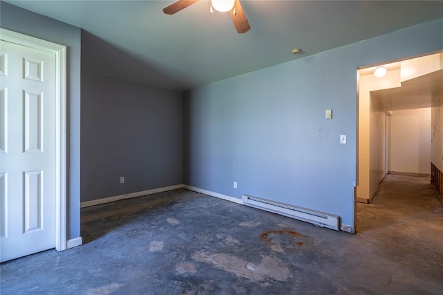 24 Timberline Trl, Pawling, NY 12564 - unfurnished bedroom featuring a ceiling fan, baseboards, unfinished concrete flooring, and a baseboard radiator