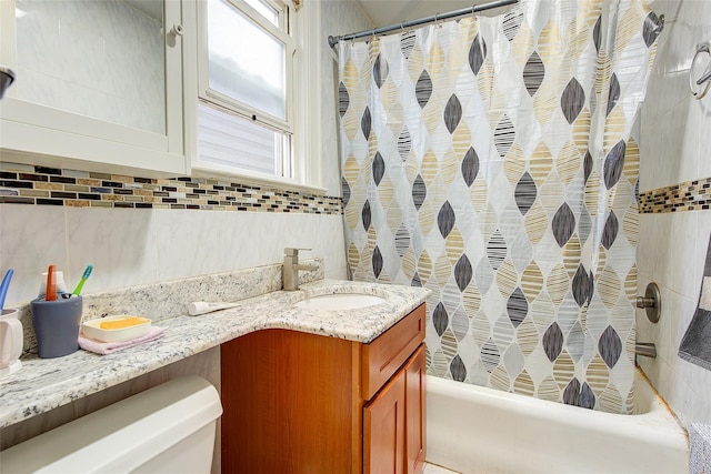 121-41 6th Ave, College Point, NY 11356 - bathroom with decorative backsplash, shower / bath combo, vanity, and toilet