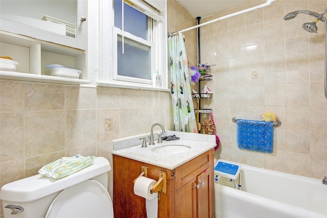 121-41 6th Ave, College Point, NY 11356 - bathroom with tasteful backsplash, tile walls, toilet, shower / bath combo with shower curtain, and vanity