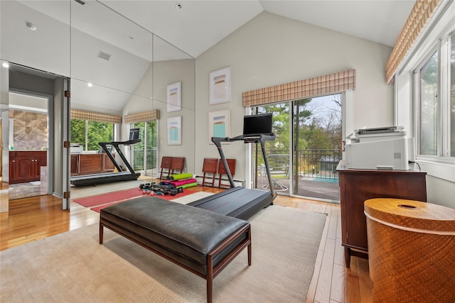 interior space featuring high vaulted ceiling, wood finished floors, and a baseboard radiator