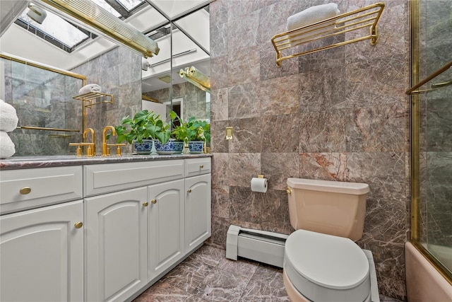 bathroom featuring toilet, tile walls, marble finish floor, and a baseboard radiator