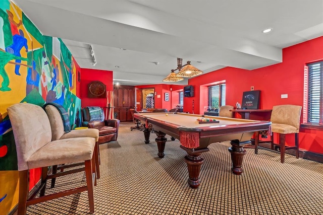 recreation room featuring baseboards, recessed lighting, carpet, and pool table