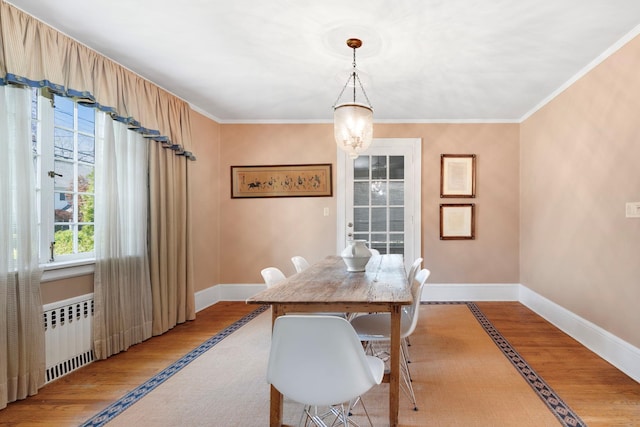 dining area featuring crown molding, baseboards, radiator heating unit, and wood finished floors