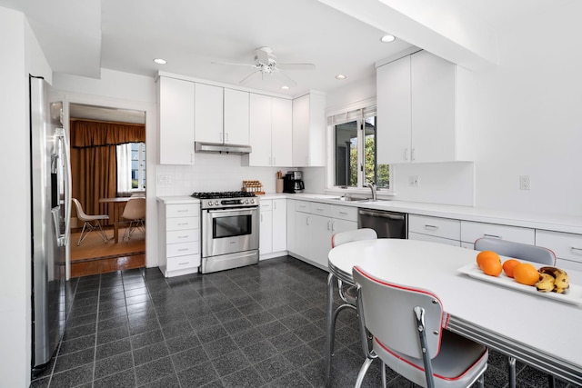 kitchen with a ceiling fan, white cabinetry, under cabinet range hood, a sink, and stainless steel appliances