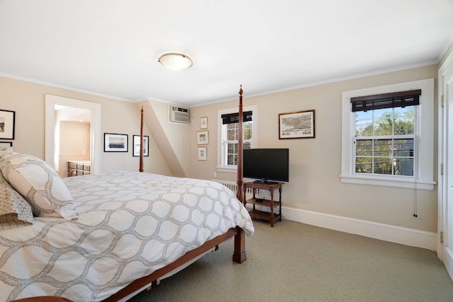 bedroom with carpet floors, crown molding, and multiple windows