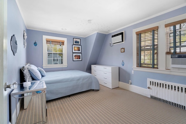 carpeted bedroom with crown molding, baseboards, multiple windows, and radiator
