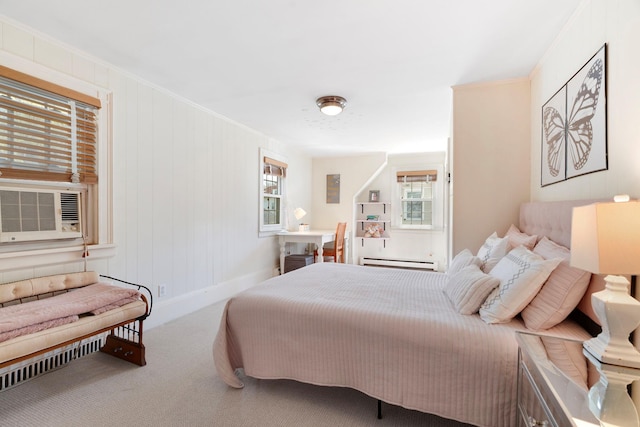 bedroom with carpet, a baseboard heating unit, and cooling unit