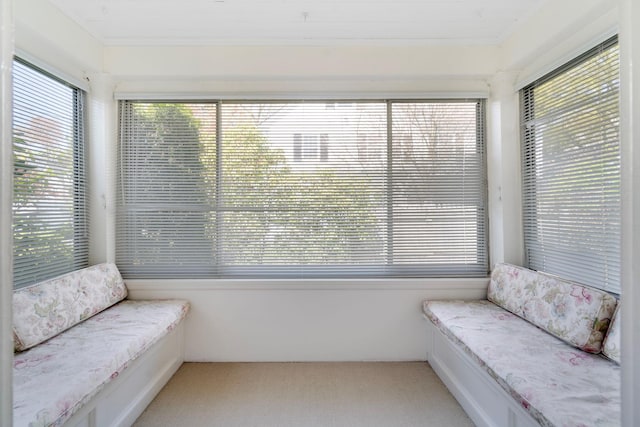 sitting room featuring ornamental molding and light carpet