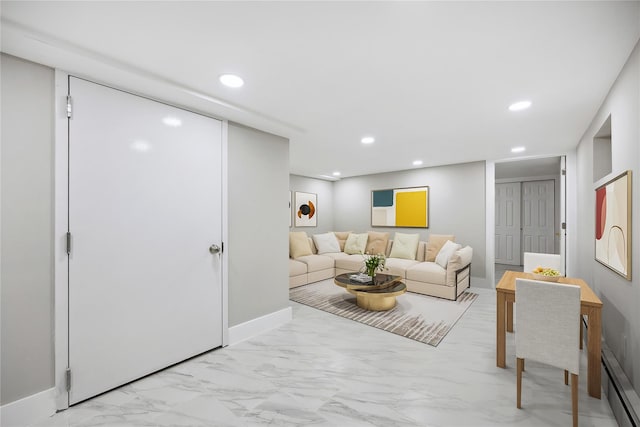 living area featuring a baseboard heating unit, baseboards, marble finish floor, and recessed lighting