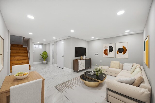 living room with baseboards, marble finish floor, recessed lighting, and stairway