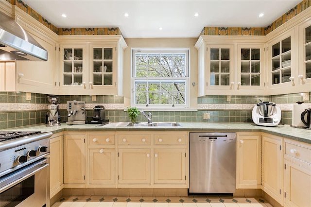 kitchen featuring wall chimney range hood, appliances with stainless steel finishes, decorative backsplash, and a sink