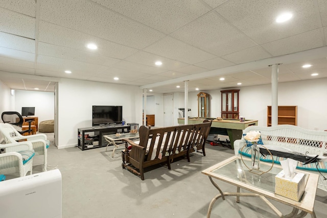 living area with recessed lighting and carpet flooring