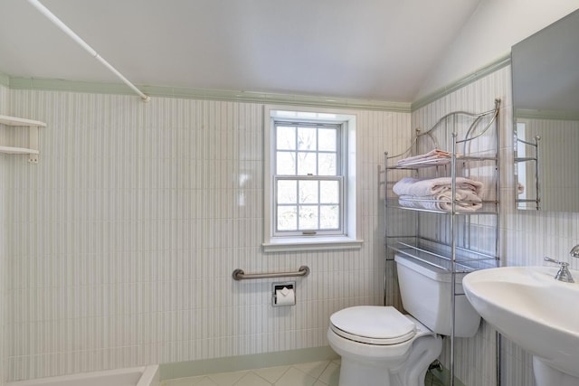 full bathroom with tile walls, walk in shower, toilet, and a sink
