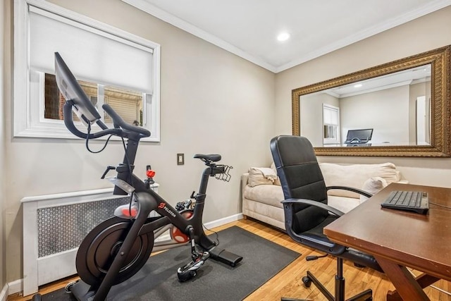 exercise room featuring plenty of natural light, ornamental molding, baseboards, and wood finished floors