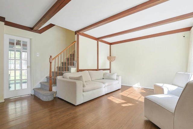 35 Harding St, Pearl River, NY 10965 - living area with stairs, beamed ceiling, and wood finished floors