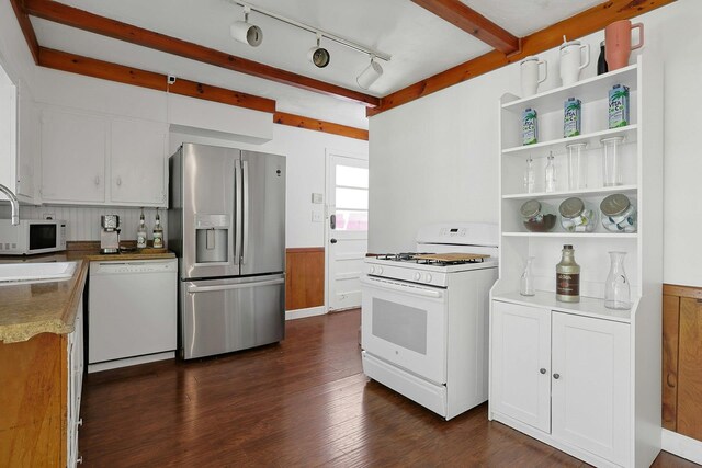 35 Harding St, Pearl River, NY 10965 - kitchen featuring open shelves, beam ceiling, white appliances, dark wood finished floors, and white cabinetry