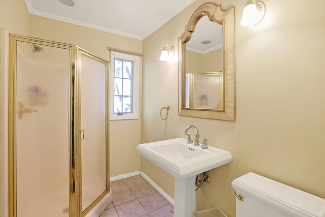 35 Harding St, Pearl River, NY 10965 - bathroom with toilet, tile patterned floors, baseboards, a shower stall, and ornamental molding