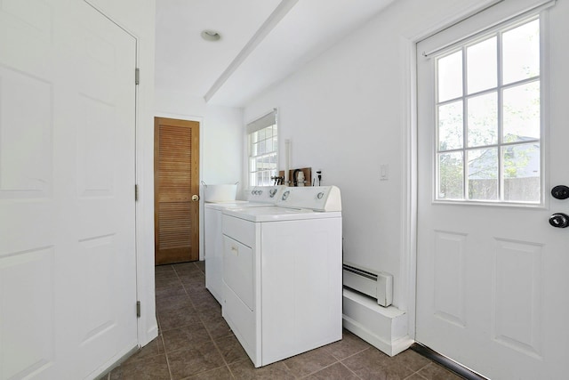 35 Harding St, Pearl River, NY 10965 - laundry room with independent washer and dryer, dark tile patterned flooring, laundry area, and a baseboard radiator
