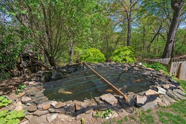 view of pool featuring fence