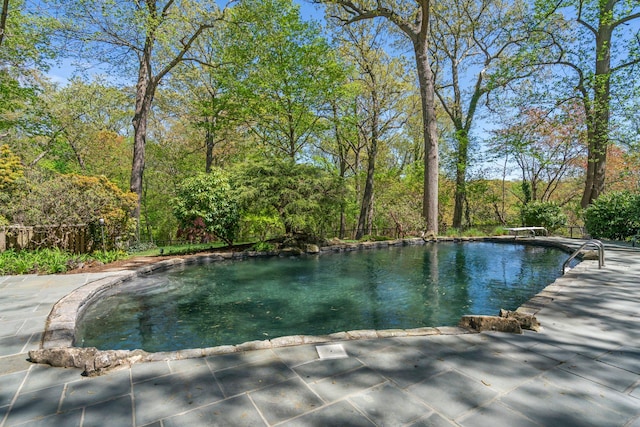 outdoor pool featuring a patio area, a diving board, and fence