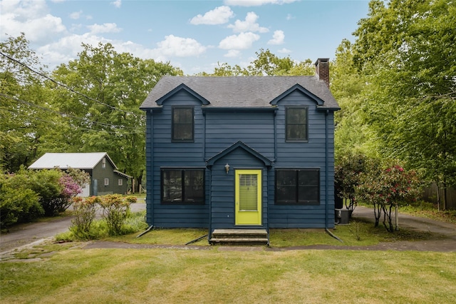 2383 State Route 97, Pond Eddy, NY 12770 - view of front facade with a chimney, a front lawn, entry steps, and central air condition unit