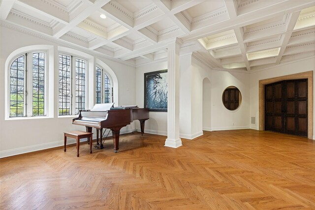 sitting room with baseboards, beam ceiling, and coffered ceiling