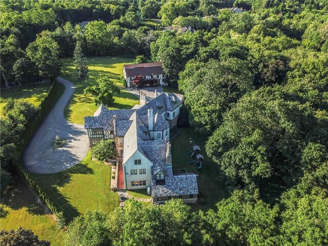 aerial view featuring a wooded view