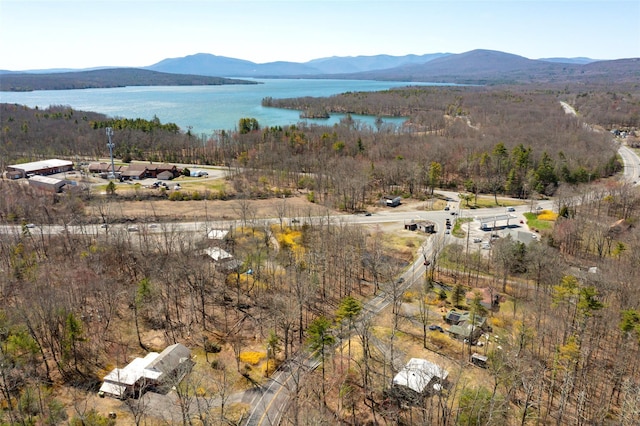 aerial view featuring a water and mountain view