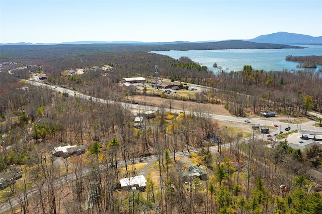 drone / aerial view with a water and mountain view and a wooded view