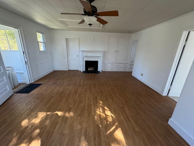 1845 Shipyard Ln, East Marion, NY 11939 - unfurnished living room with a fireplace with flush hearth, a ceiling fan, wood finished floors, and baseboards