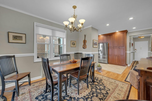 1255 N Ave Unit B-4L, New Rochelle, NY 10804 - dining area featuring ornamental molding, recessed lighting, light wood-style flooring, and a notable chandelier
