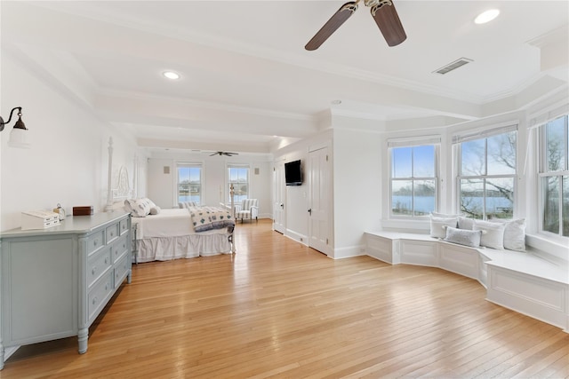 127 Senix Ave, Center Moriches, NY 11934 - bedroom featuring ceiling fan, recessed lighting, light wood-type flooring, visible vents, and ornamental molding