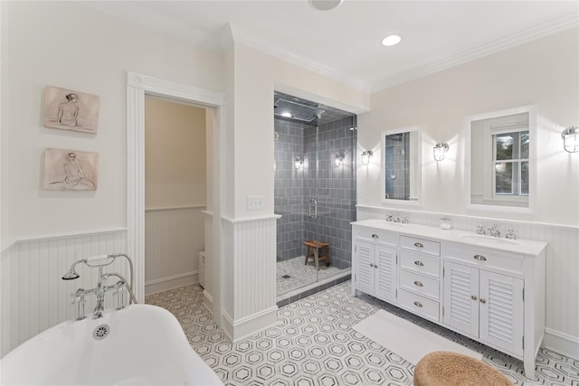 127 Senix Ave, Center Moriches, NY 11934 - bathroom with a sink, wainscoting, a freestanding bath, and a shower stall