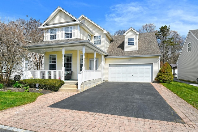 209 Pleasant Dr, Bay Shore, NY 11706 - traditional-style home featuring aphalt driveway, a porch, a shingled roof, and a garage