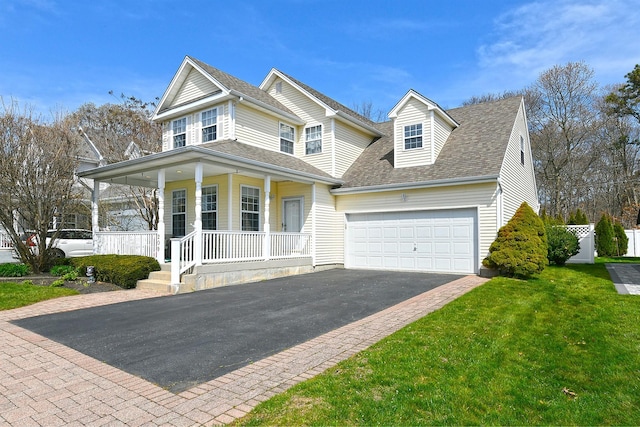 209 Pleasant Dr, Bay Shore, NY 11706 - view of front of property with driveway, a shingled roof, covered porch, a front yard, and a garage