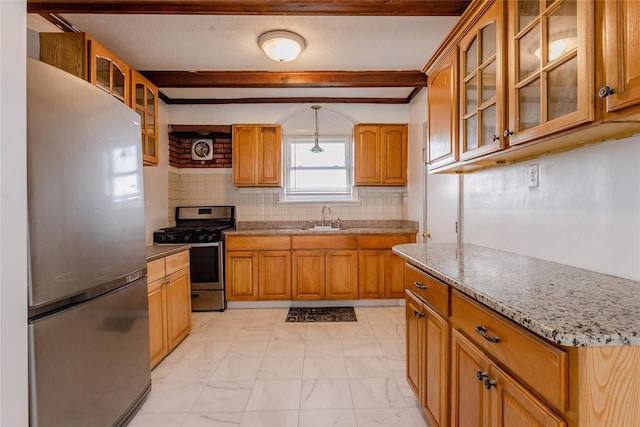 32-12 208th St, Bayside, NY 11361 - kitchen featuring brown cabinets, marble finish floor, stainless steel appliances, a sink, and beamed ceiling