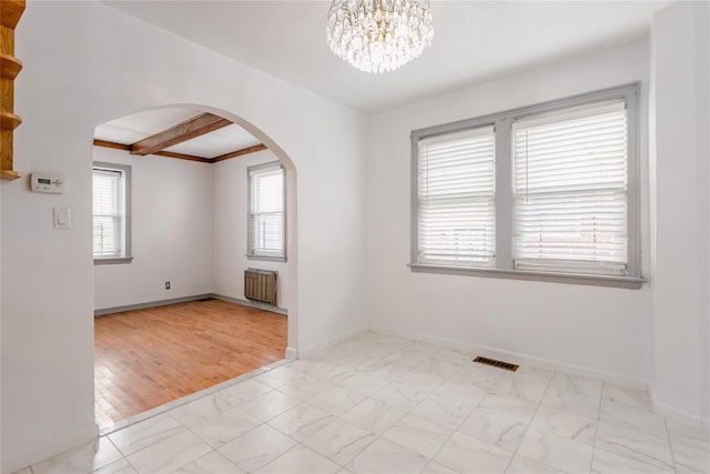 32-12 208th St, Bayside, NY 11361 - unfurnished room with arched walkways, baseboards, visible vents, radiator heating unit, and marble finish floor