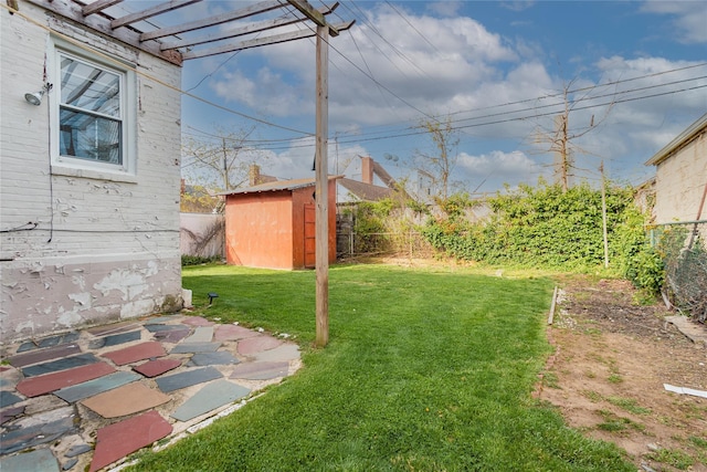 32-12 208th St, Bayside, NY 11361 - view of yard with a storage shed, a pergola, a fenced backyard, and an outdoor structure