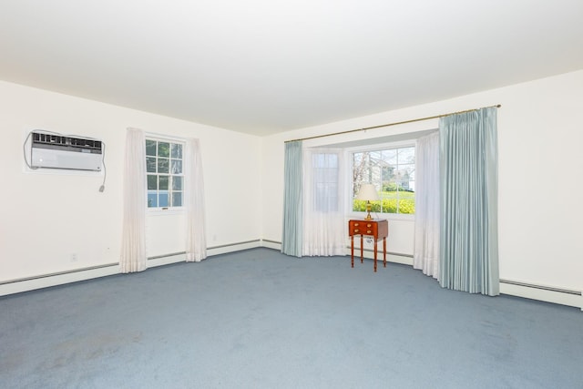 unfurnished room featuring a wall mounted air conditioner, baseboard heating, dark carpet, and a baseboard radiator