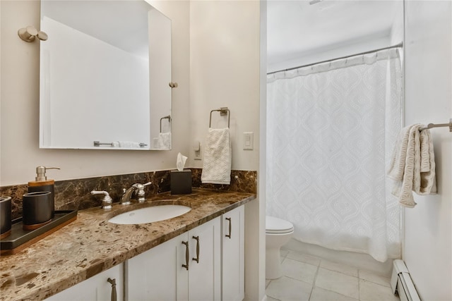 bathroom featuring baseboard heating, vanity, shower / tub combo, toilet, and tile patterned flooring
