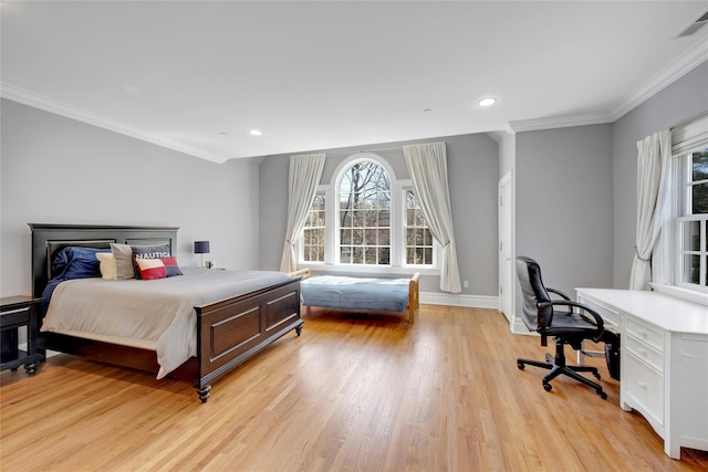 85 Woodlands Rd, Harrison, NY 10528 - bedroom featuring light wood-type flooring, baseboards, crown molding, an office area, and recessed lighting