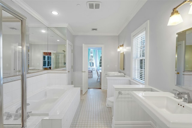 85 Woodlands Rd, Harrison, NY 10528 - bathroom featuring a garden tub, wainscoting, ornamental molding, a sink, and recessed lighting