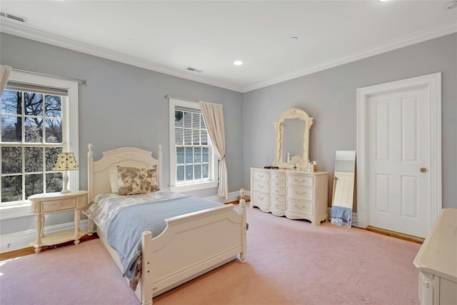 85 Woodlands Rd, Harrison, NY 10528 - bedroom featuring multiple windows, crown molding, recessed lighting, baseboards, and light colored carpet