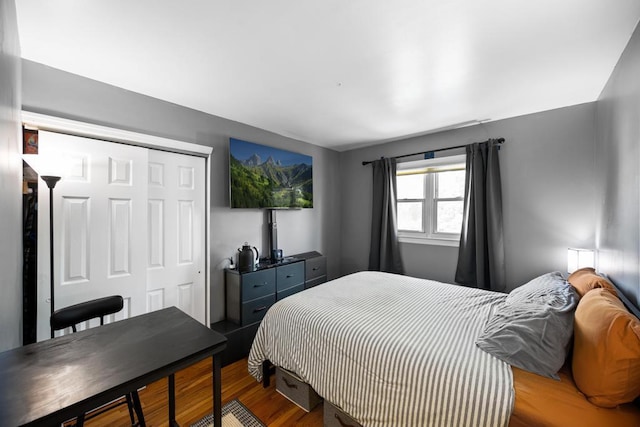 bedroom featuring wood finished floors and a closet