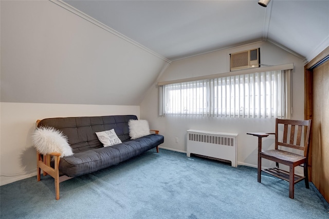 living area featuring a wall mounted air conditioner, lofted ceiling, radiator heating unit, and carpet floors