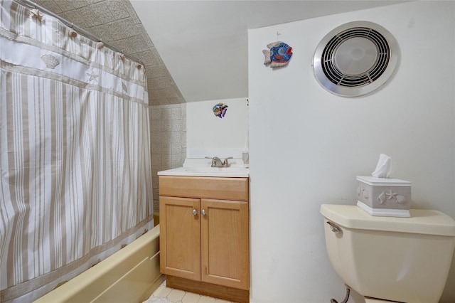 bathroom with lofted ceiling, vanity, tile patterned floors, and shower / bathtub combination with curtain