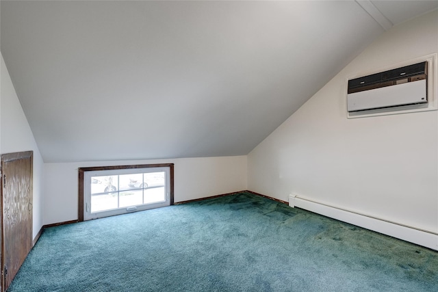 bonus room featuring lofted ceiling, carpet flooring, a wall mounted AC, and a baseboard radiator
