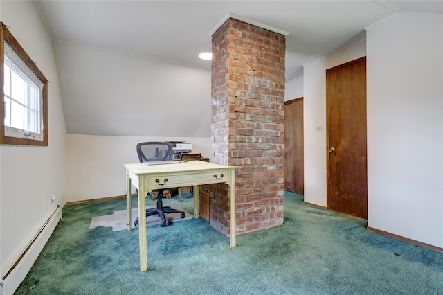 unfurnished office featuring baseboard heating, carpet flooring, decorative columns, and vaulted ceiling
