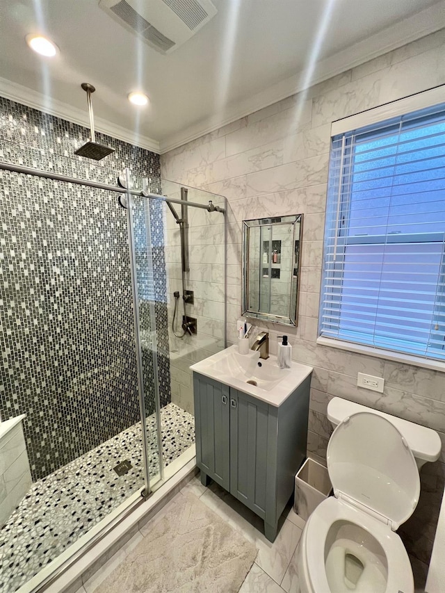 1258 Mace Ave, Bronx, NY 10469 - full bath featuring visible vents, toilet, ornamental molding, tile walls, and a stall shower
