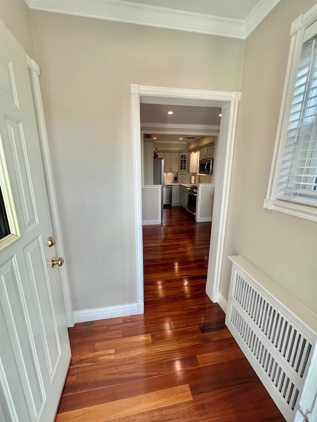 1258 Mace Ave, Bronx, NY 10469 - hall featuring visible vents, baseboards, dark wood-style floors, and crown molding